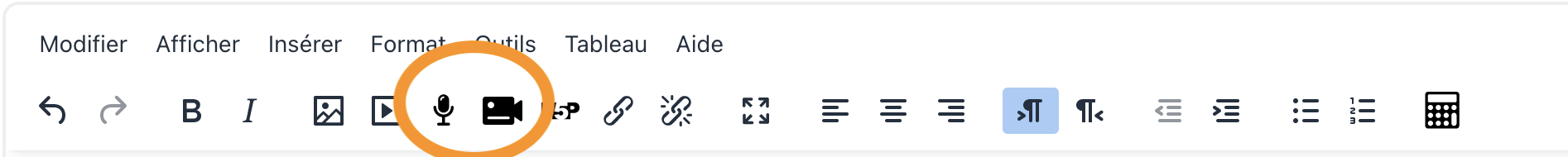 Image entourant l'enregistreur audio et l'enregistreur vidéo intégrés à l'éditeur de texte de Moodle